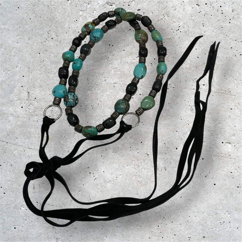 Turquoise, silver bead, brown suede tie belt, over 6 feet in length, NWOT